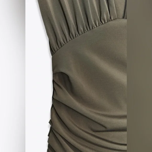 Zara NWT Khaki Olive Green Plunge Neck Ruched Shoulder Pad Mini Dress (Small) - Picture 10 of 12